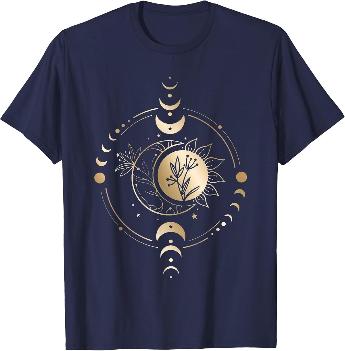 Mystic Moon and Sun Phase Celestial Boho Vintage T-Shirt - Navy Blue
