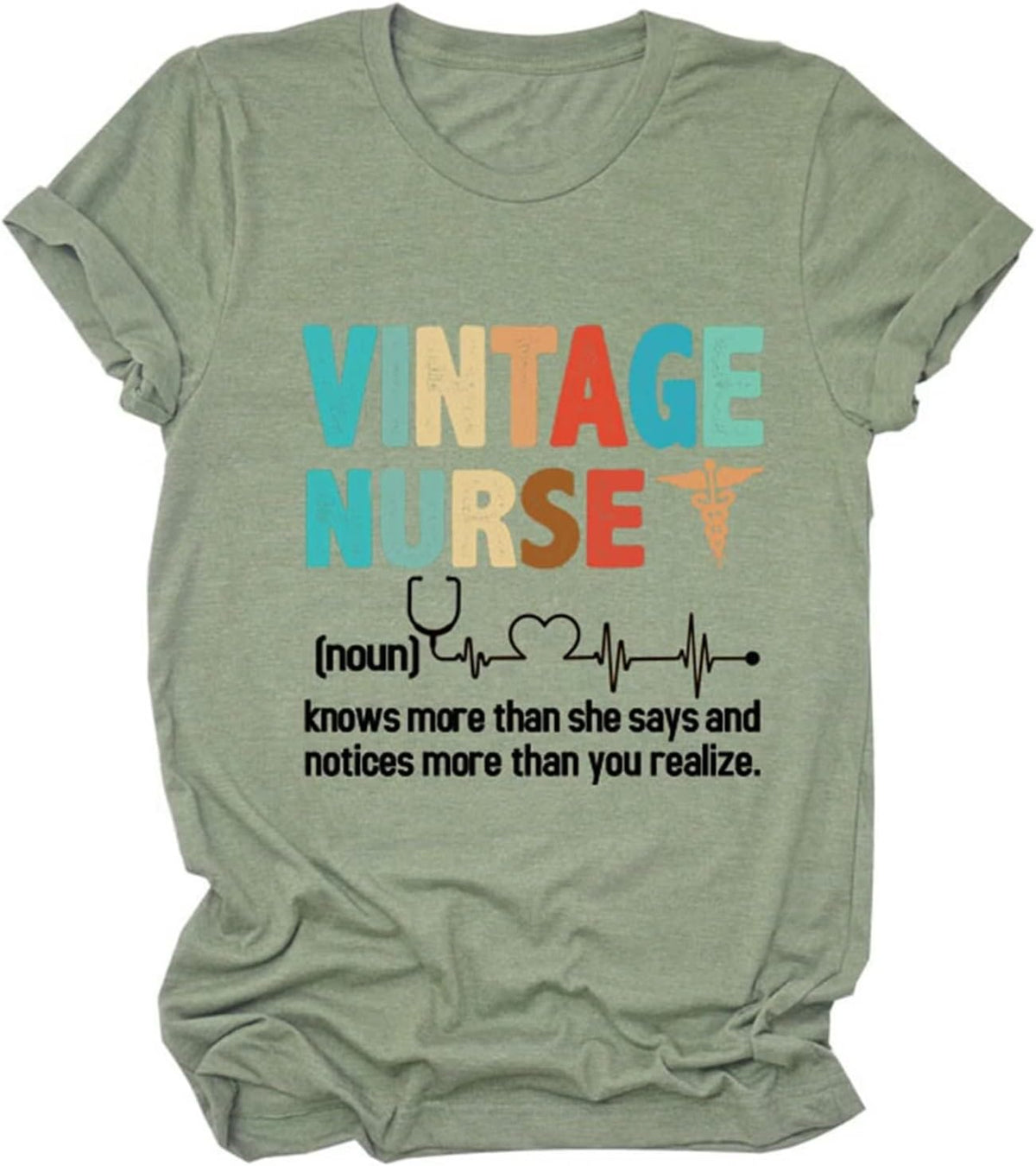 Vintage Nurse Women T-Shirt, Nurse Life Women Letter Printed T Shirt Graphic Nurse Tee Tops - Olive Green