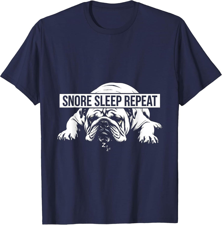 Bulldog Snore Sleep Repeat Funny Dog Design T-Shirt - Navy Blue