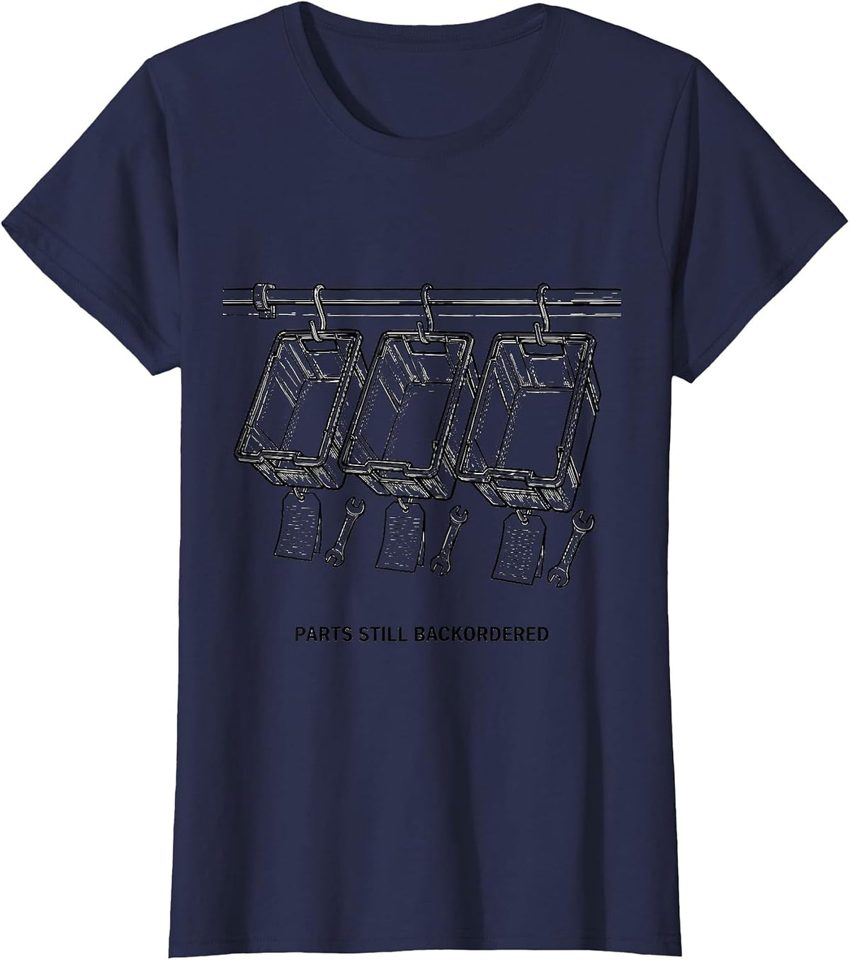 Women's PARTS STILL BACKORDERED Funny Mechanic Skeleton Auto Repair T-Shirt - Navy Blue