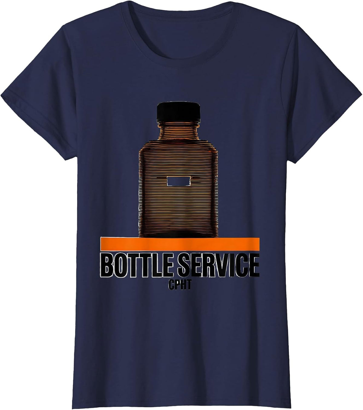Women's Bottle Service, CPhT Brutalist Pharmacy Tech Humor T-Shirt - Navy Blue