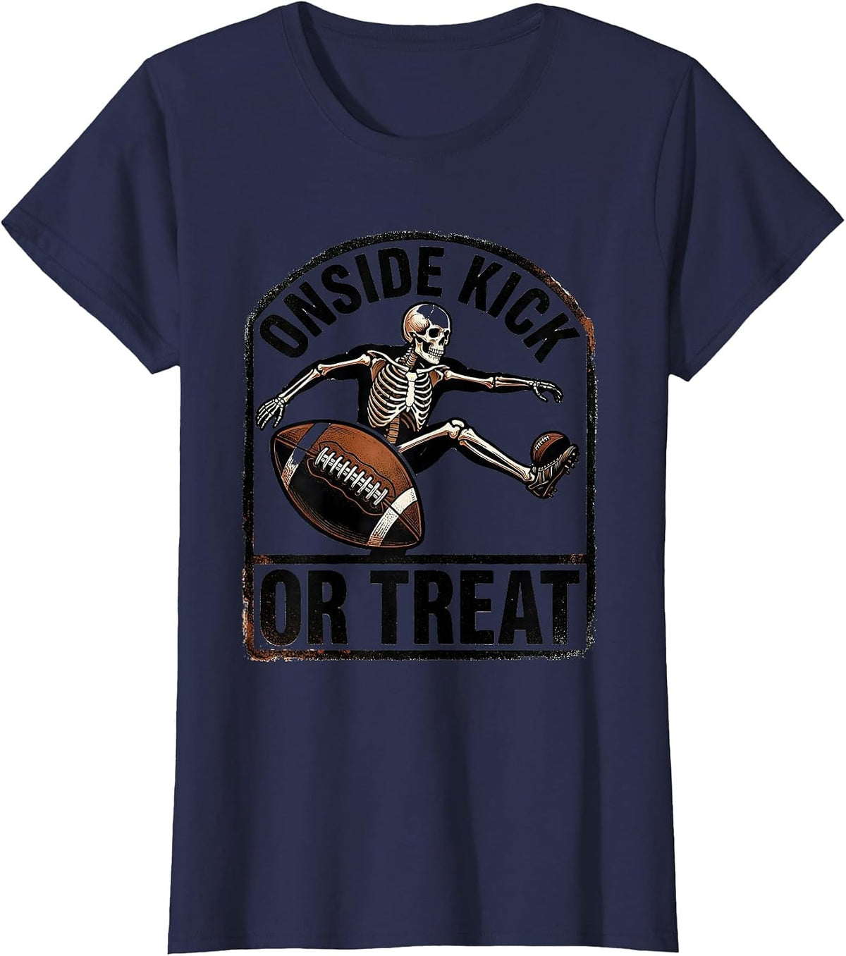 Women's Onside Kick Or Treat Rubber Stamp Skeleton Football T-Shirt - Navy Blue