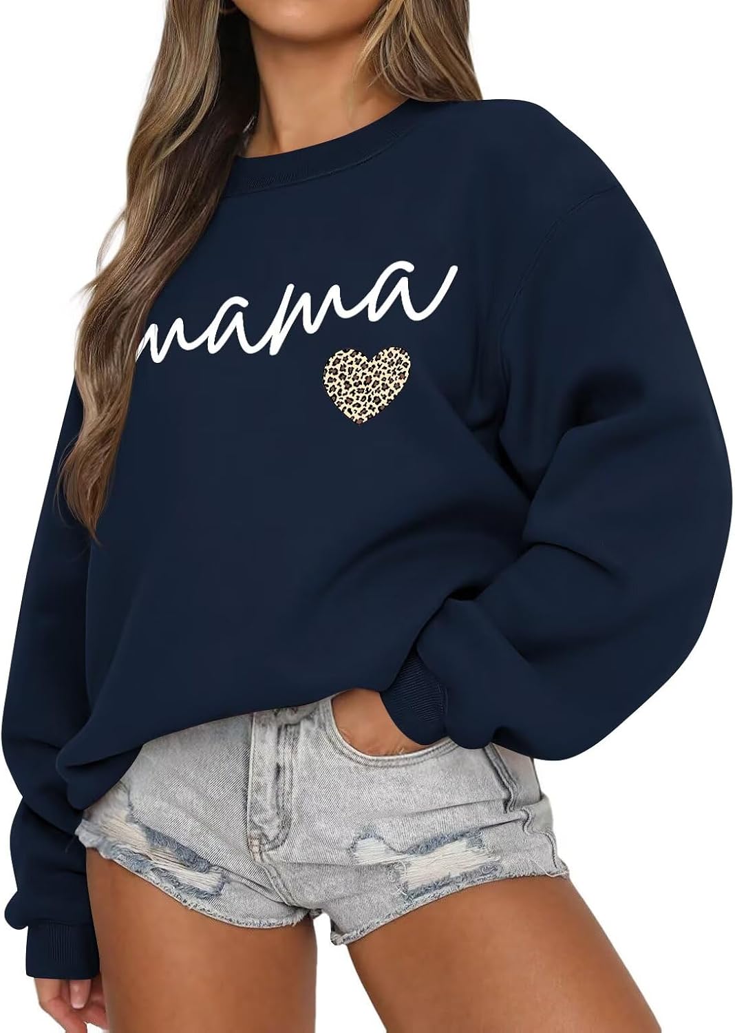 LEEDYA Women Long Sleeve Mama Sweatshirts Crewneck Casual Knit Mom Sweater - Navy Blue