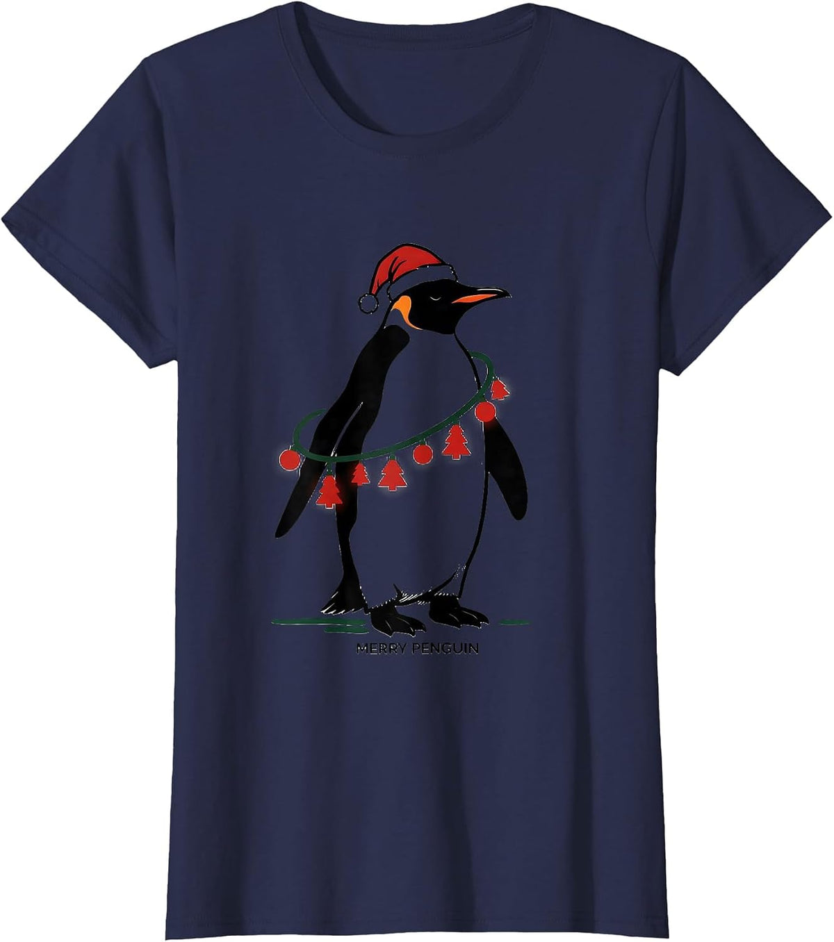 Women's Merry Penguin Funny Penguin Christmas Graphics Animal Lights T-Shirt - Navy Blue