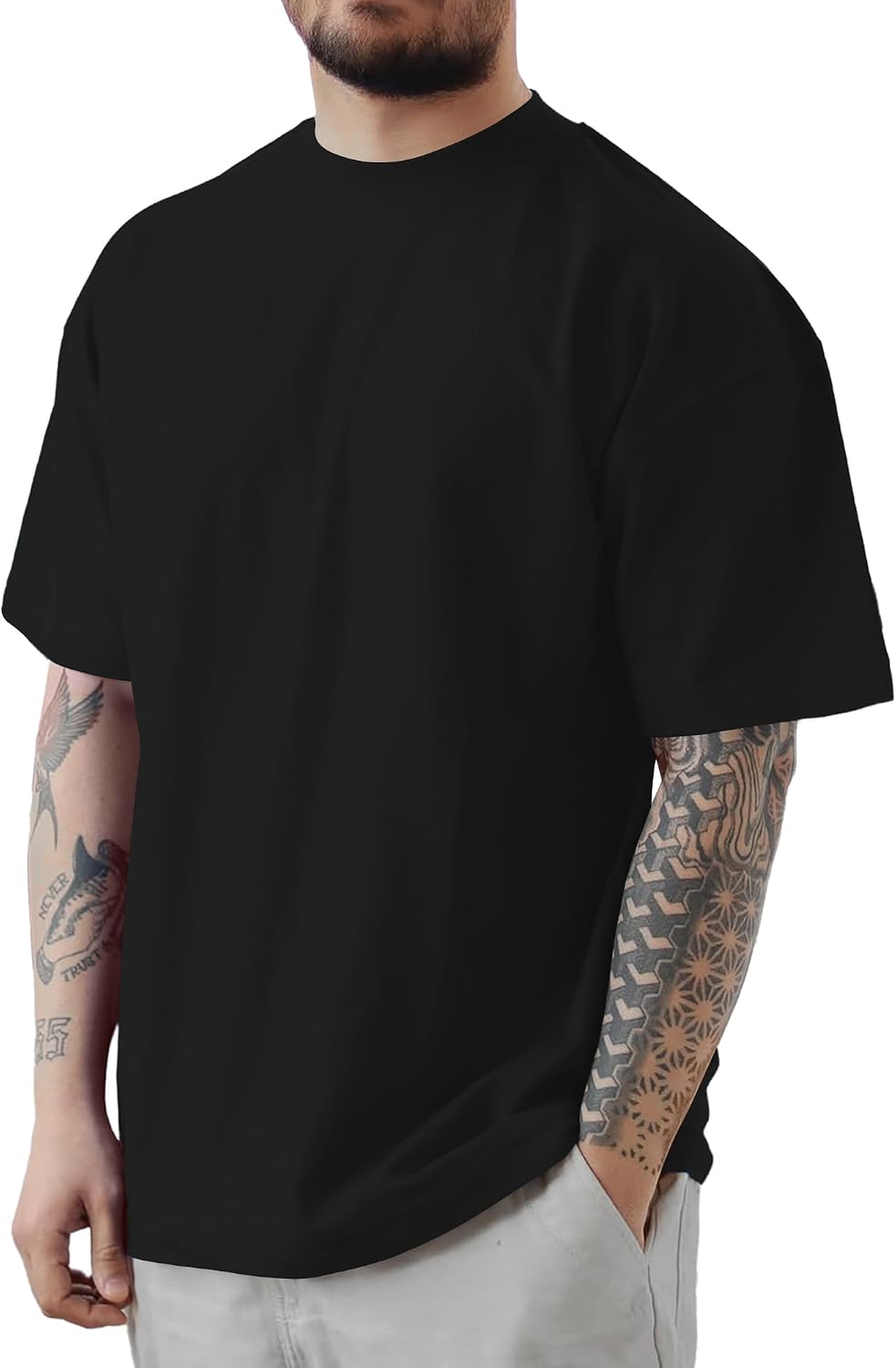 Mens Oversize Tshirts Heavyweight Workout Short Sleeve Casual Shirt - Black