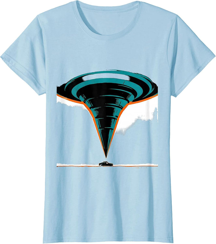 Women's Massive Dark Funnel Screenprint Storm Chaser Tornado T-Shirt - Baby Blue