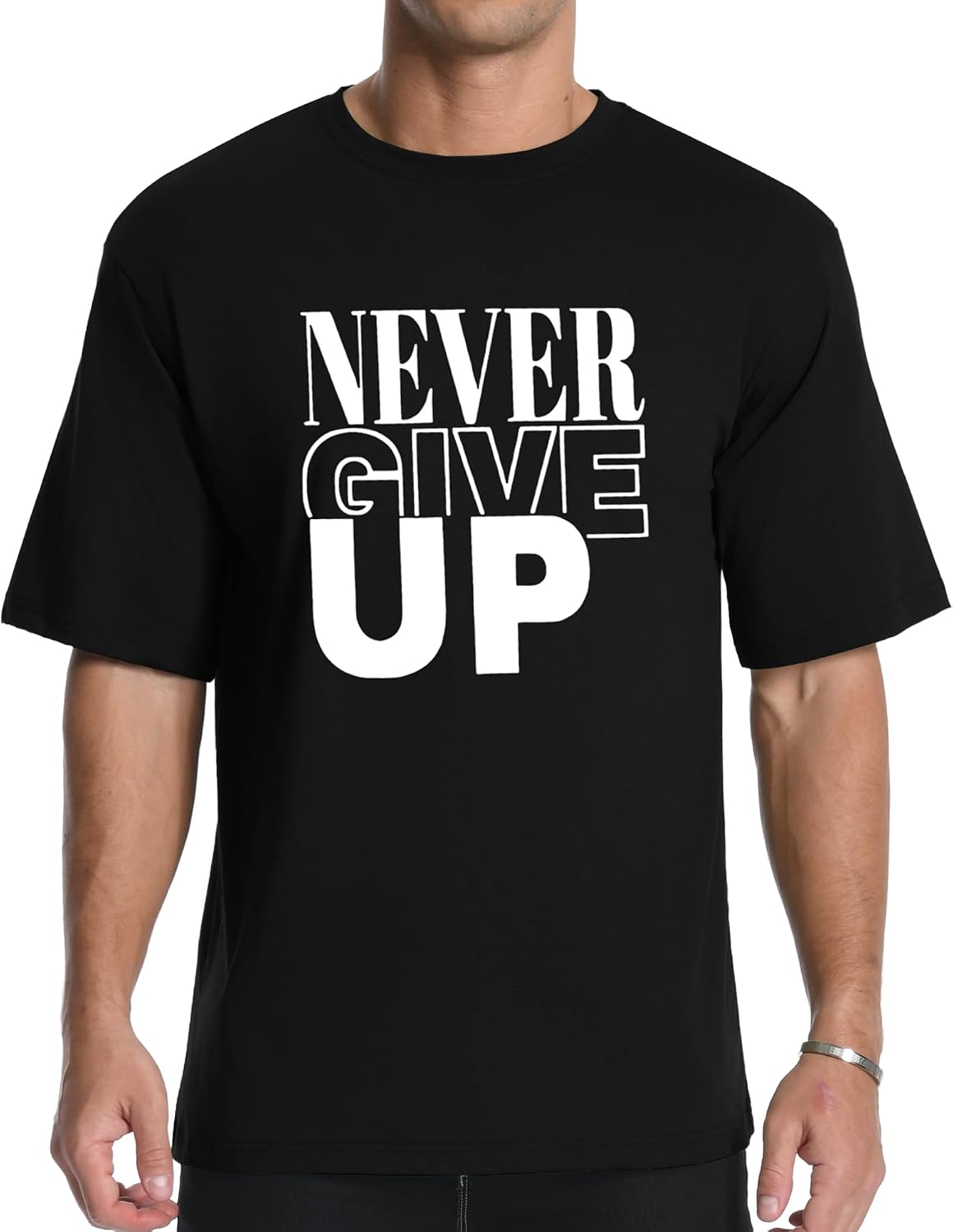 AIYINO Men's Never Give Up Tee – Bold Slogan Graphic - Black