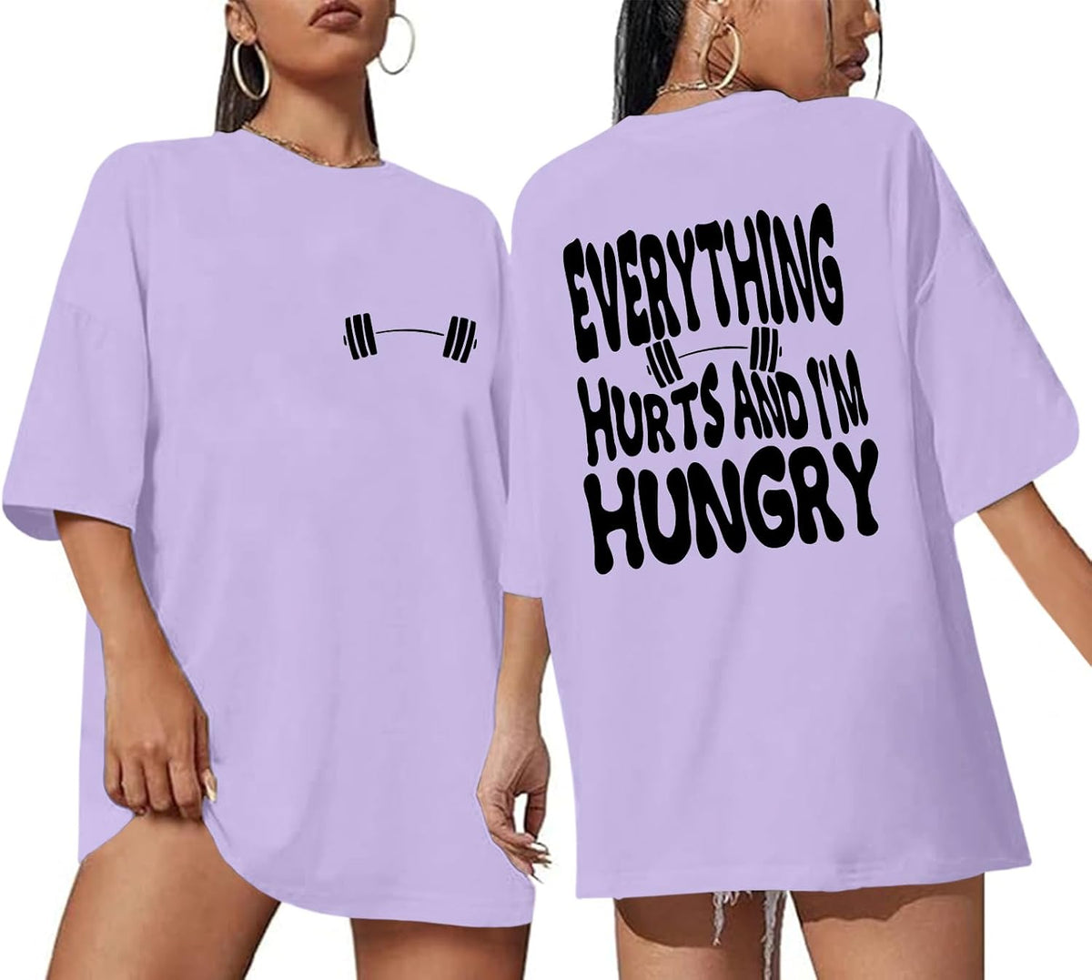 Funny Workout Gym Shirts Women Oversized Weightlifting Graphic Tshirt Everything Hurts and I'm Hungry Tee Tops - Purple
