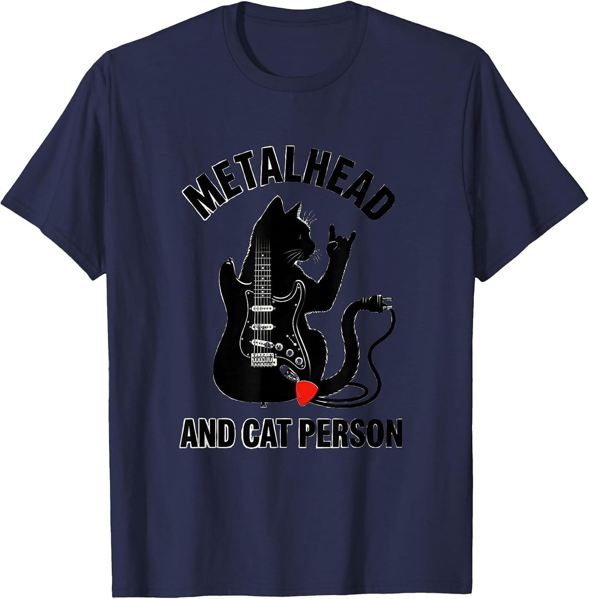 Men's Metalhead And Cat Person Funny Heavy Metal Cat Rock Fan Gift T-Shirt - Navy Blue