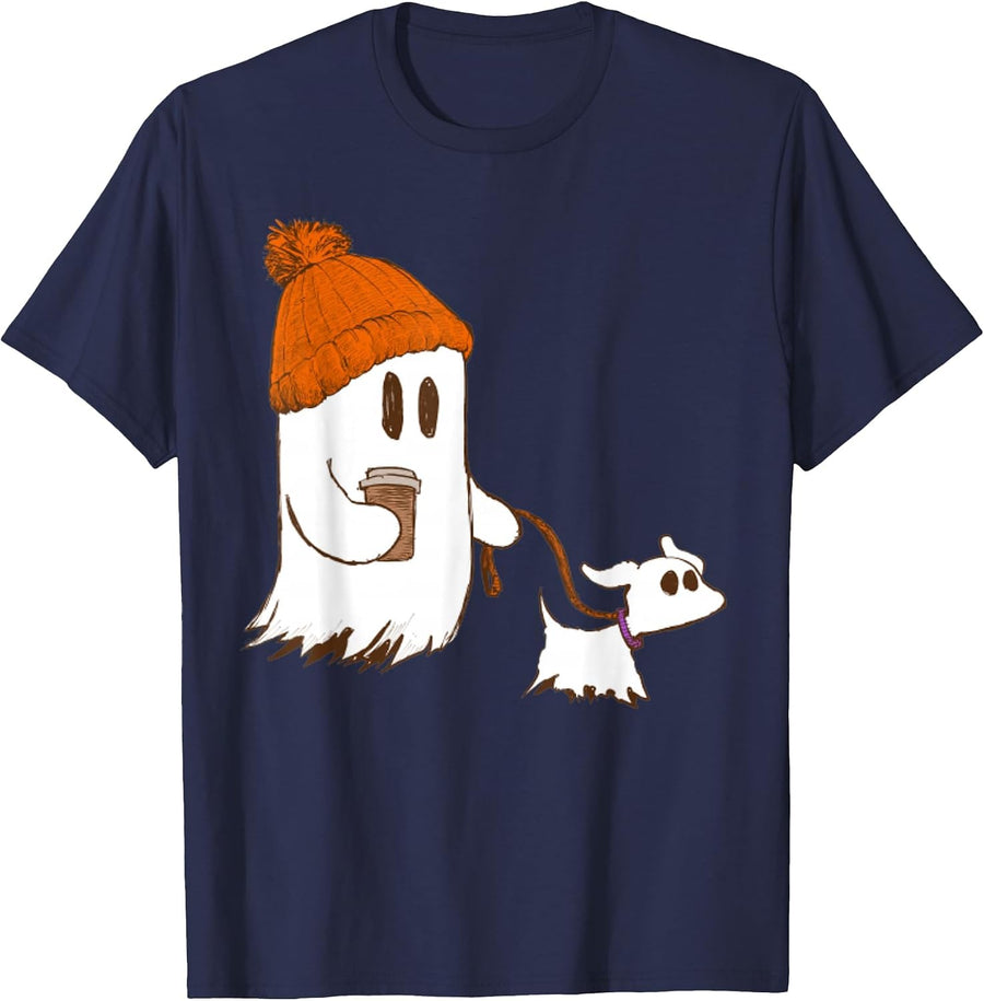 Cute Ghost Dog Walker Funny Halloween Dog Lover Graphic tee T-Shirt - Navy Blue