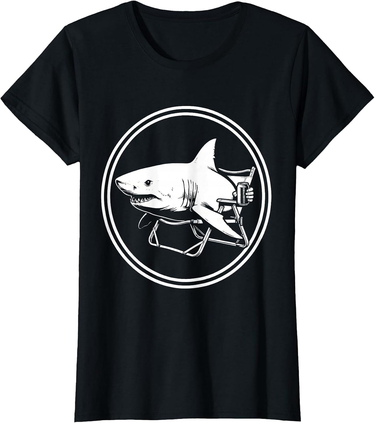 Shark Relaxing In Lawn Chair With Beer Graphic T-Shirt - Black