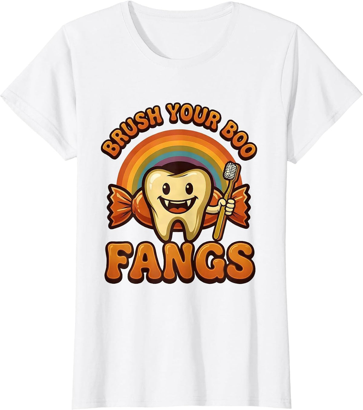Brush Your Boo Fangs Retro 70s Dental Halloween Dentist Pun T-Shirt - White