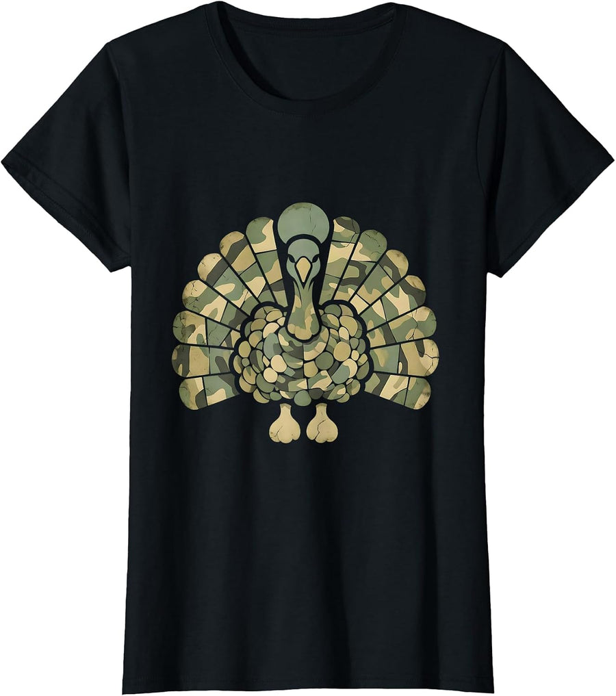 Camo Turkey Feather Fan Hunting Design T-Shirt, Women, Black, X-Large - As Pictured