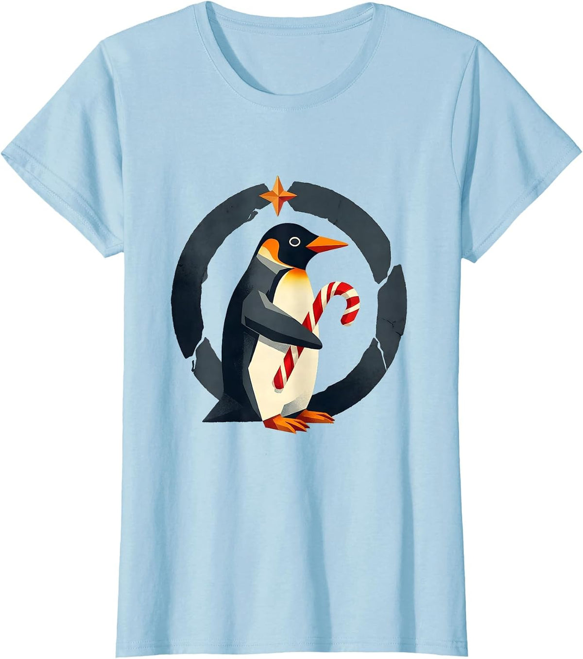Women's Penguin Holiday Candy Cane Midcentury Modern Ugly Christmas T-Shirt - Baby Blue