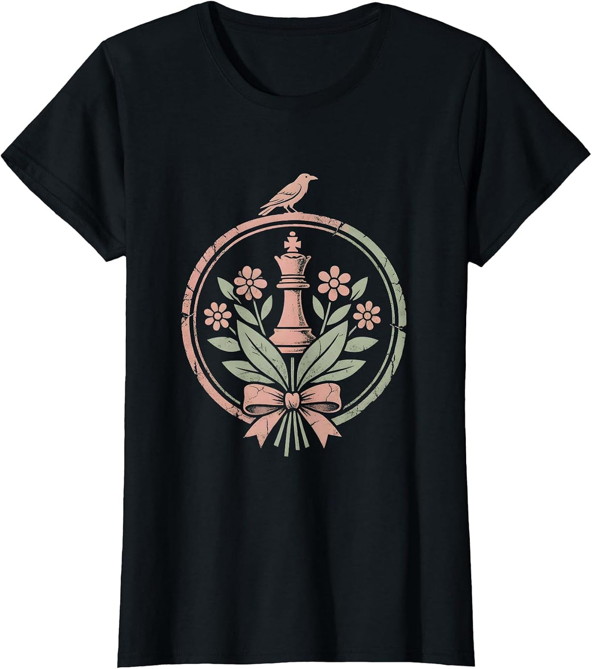 Grandma vs Crow Chess Match Illustration T-Shirt - Black