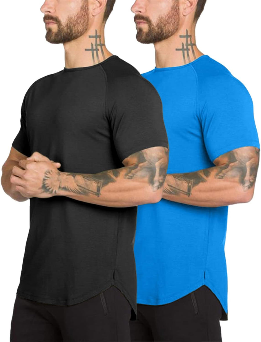 TEZO Mens Gym Workout Slim Fit Short Sleeve Cotton Hipster T-Shirt - 2pack:royal Blue+black