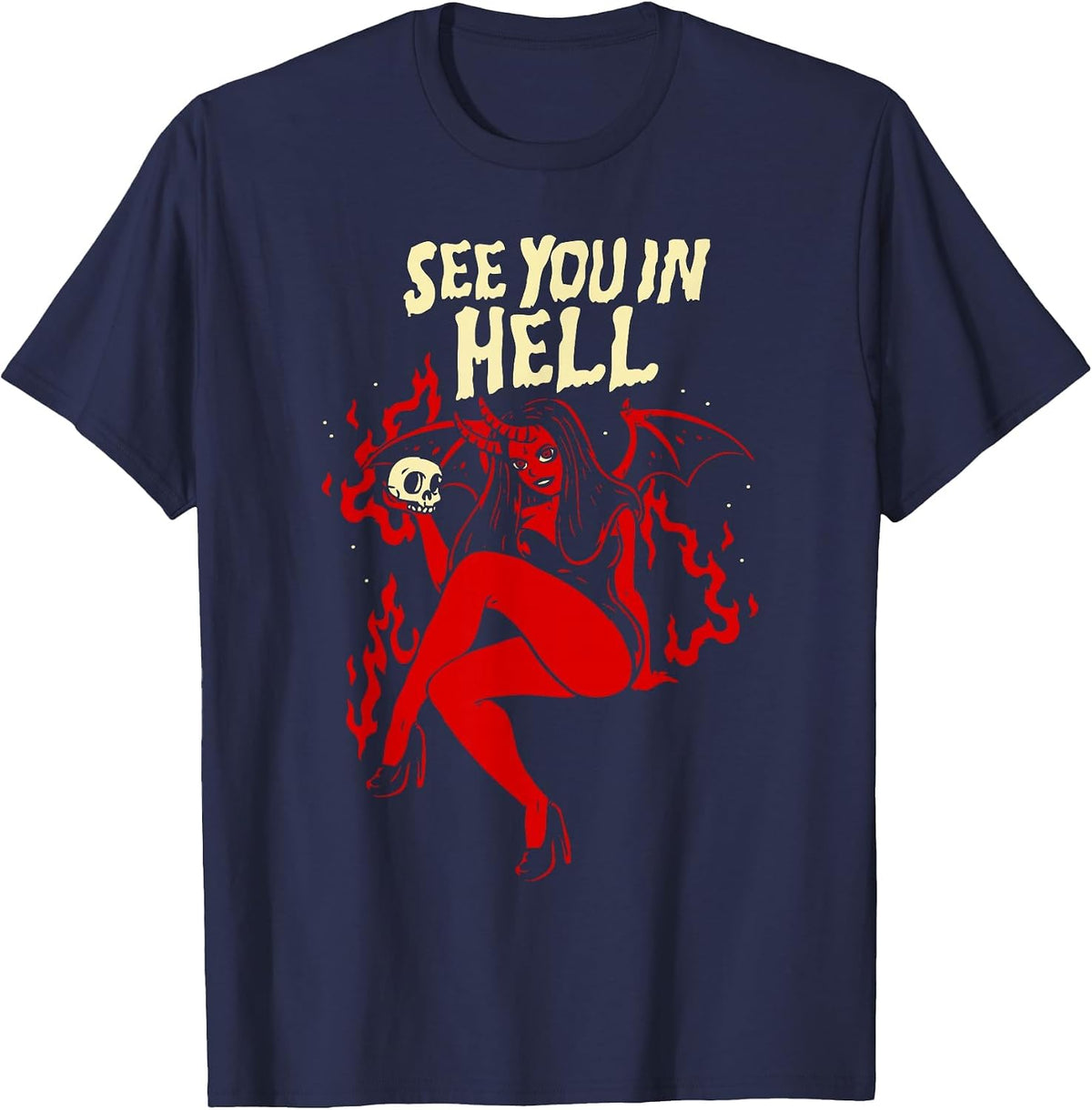 Horror Art - Sexy Goth Girl Succubus - Psychobilly Punk Art T-Shirt - Navy Blue