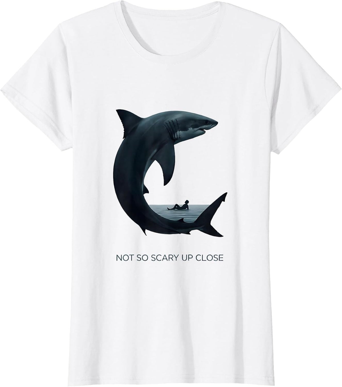 Women's Not So Scary Up Close Minimalist Shark Lover Humor Ocean T-Shirt - White