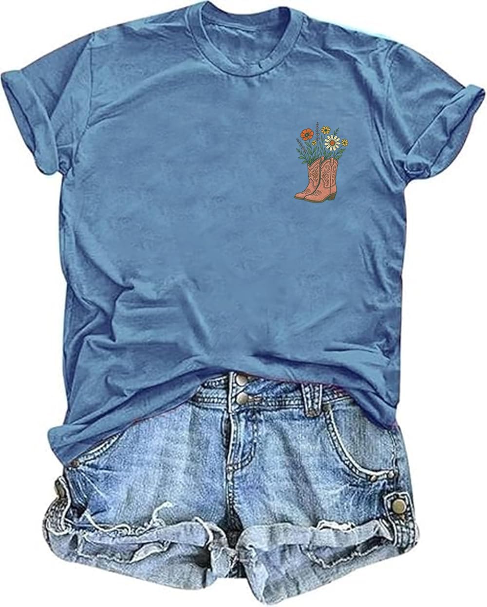 Country Music Cowgirl T Shirt for Women Western Country Graphic Tee Tops Boots Wildflowers Rodeo Outfit Shirts - Light Blue