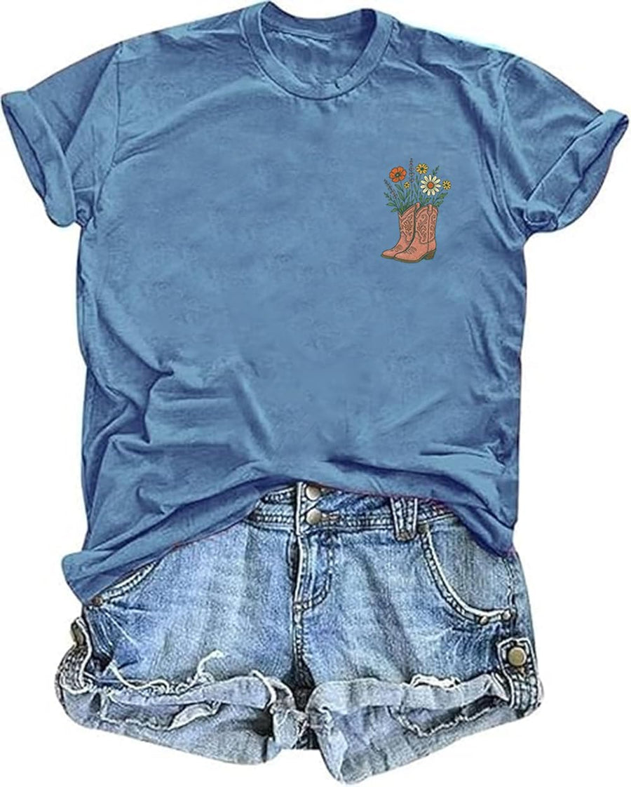 Country Music Cowgirl T Shirt for Women Western Country Graphic Tee Tops Boots Wildflowers Rodeo Outfit Shirts - Light Blue