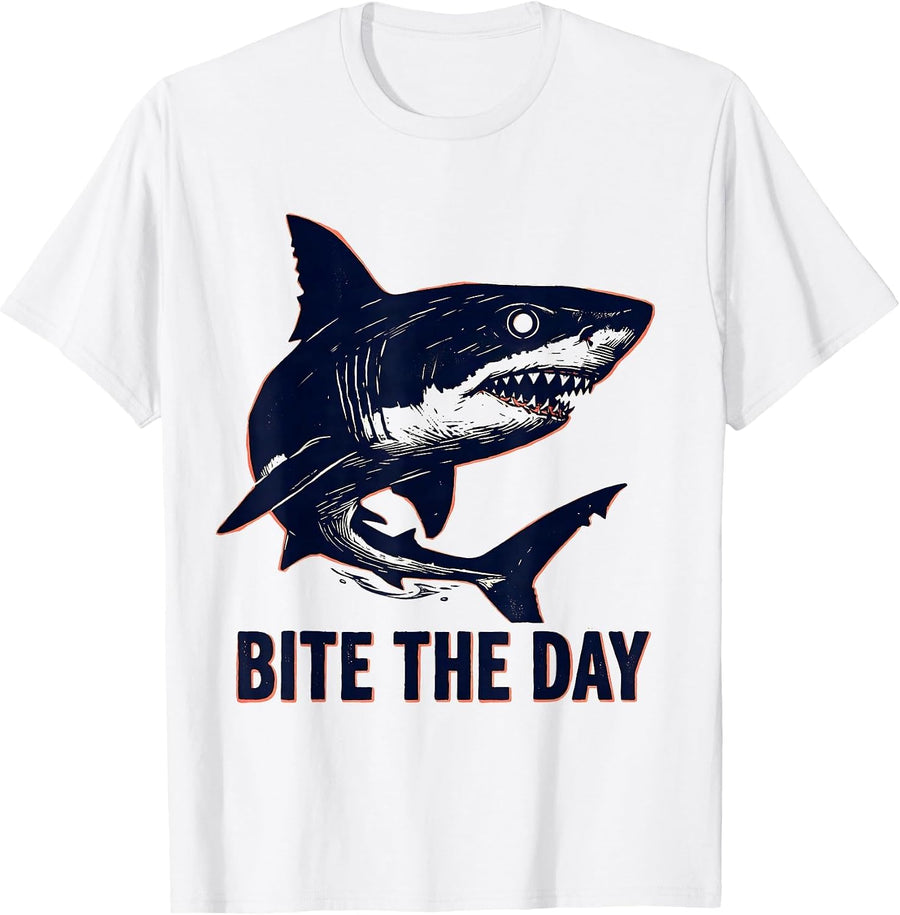 Men's Bite The Day Linocut Shark Lover Ocean Humor Wildlife Art T-Shirt - White
