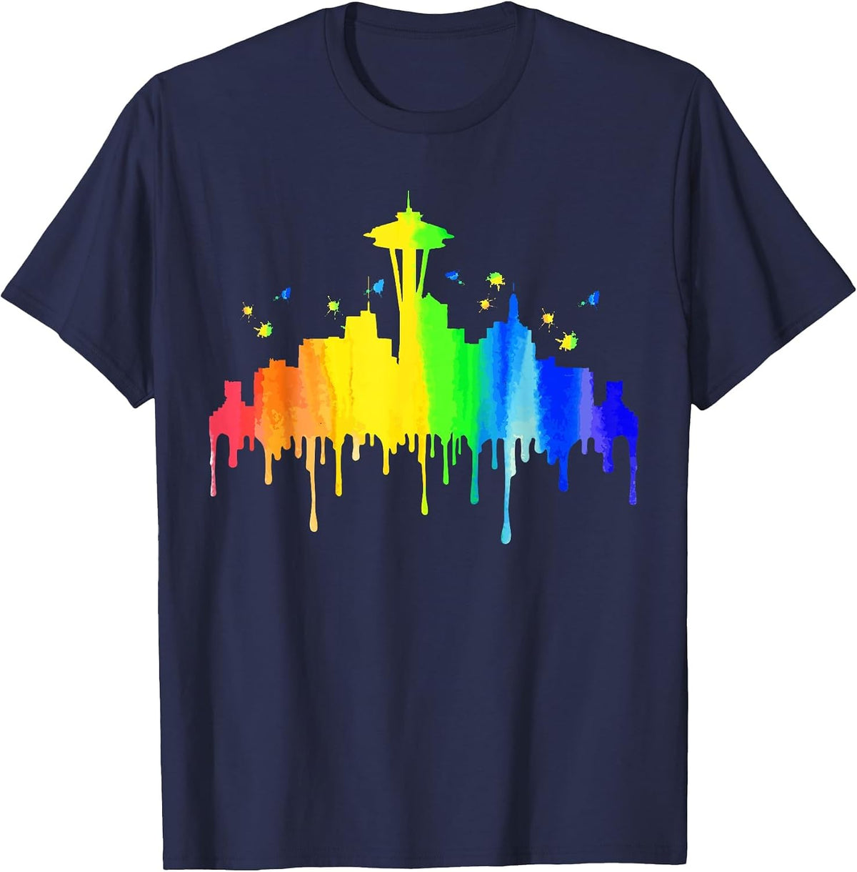 Seattle Skyline Rainbow Space Needle Gay Pride Month T-Shirt - Navy Blue