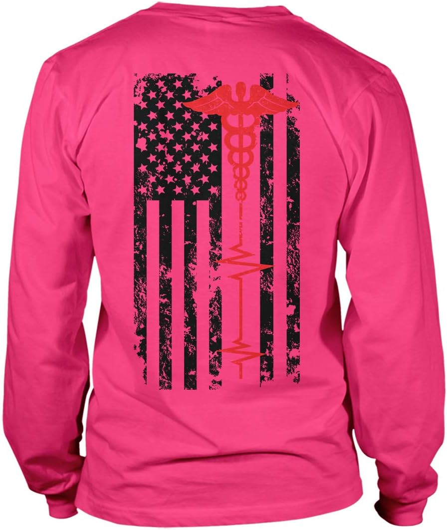 EMT Paramedic USA Flag - Red Line Support Unisex Long Sleeve Shirt - Pink - Back Print