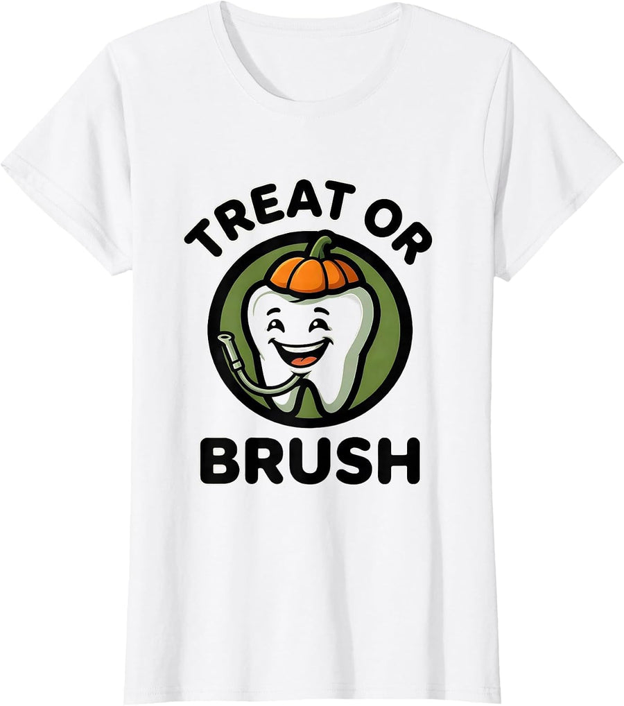Women's Treat Or Brush Funny Dental Hygienist Halloween Costume T-Shirt - White