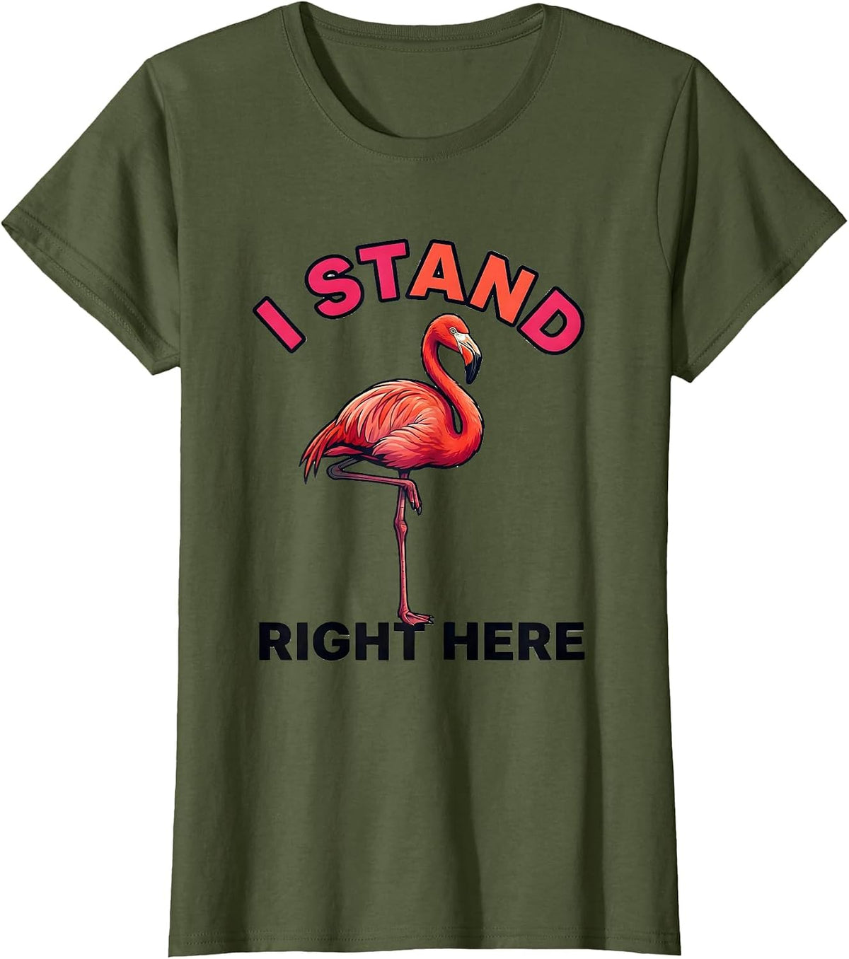 Women's I Stand Right Here Funny Flamingo Bird Lover Summer Vacation T-Shirt - Olive Green
