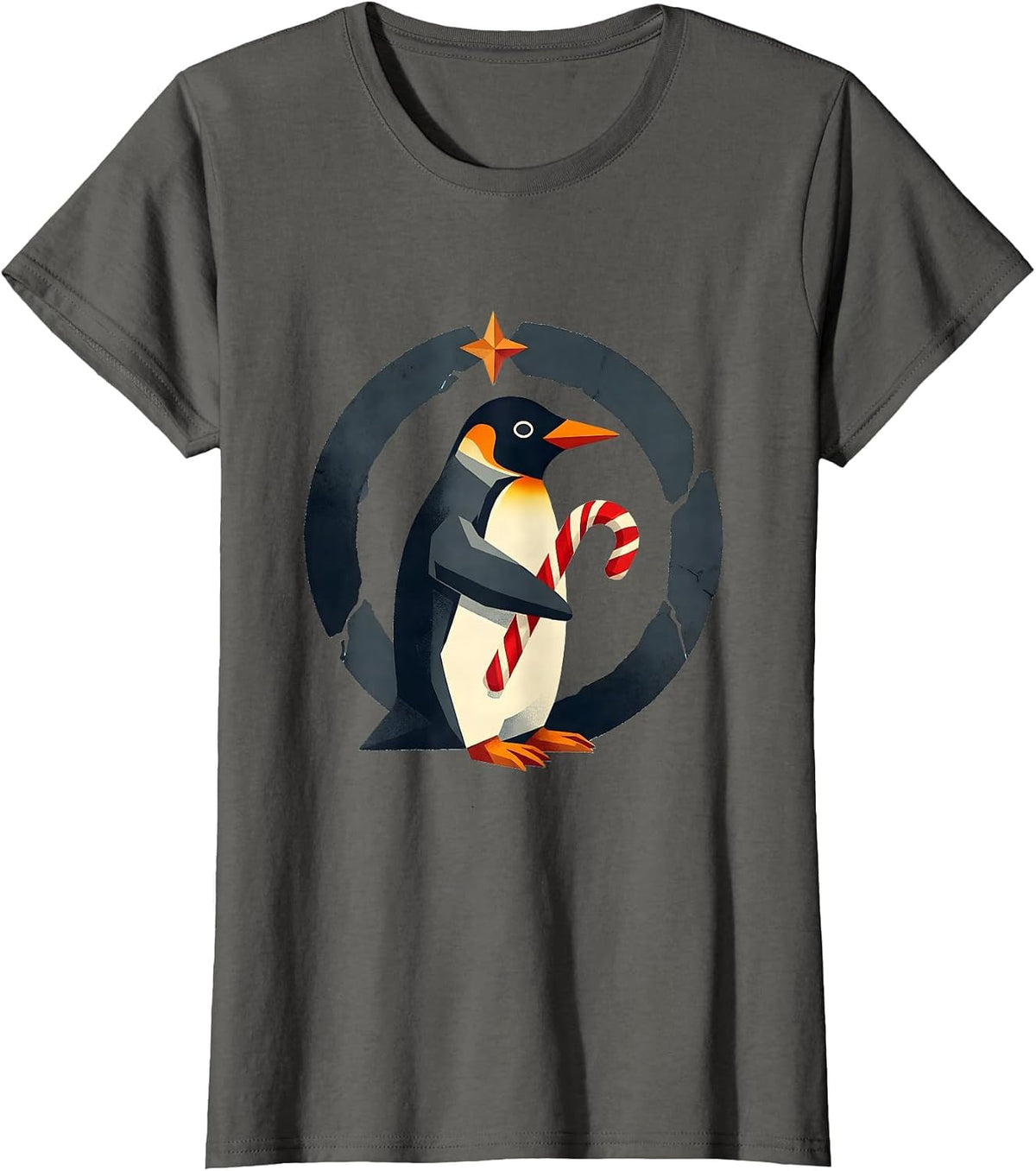 Women's Penguin Holiday Candy Cane Midcentury Modern Ugly Christmas T-Shirt - Asphalt Grey