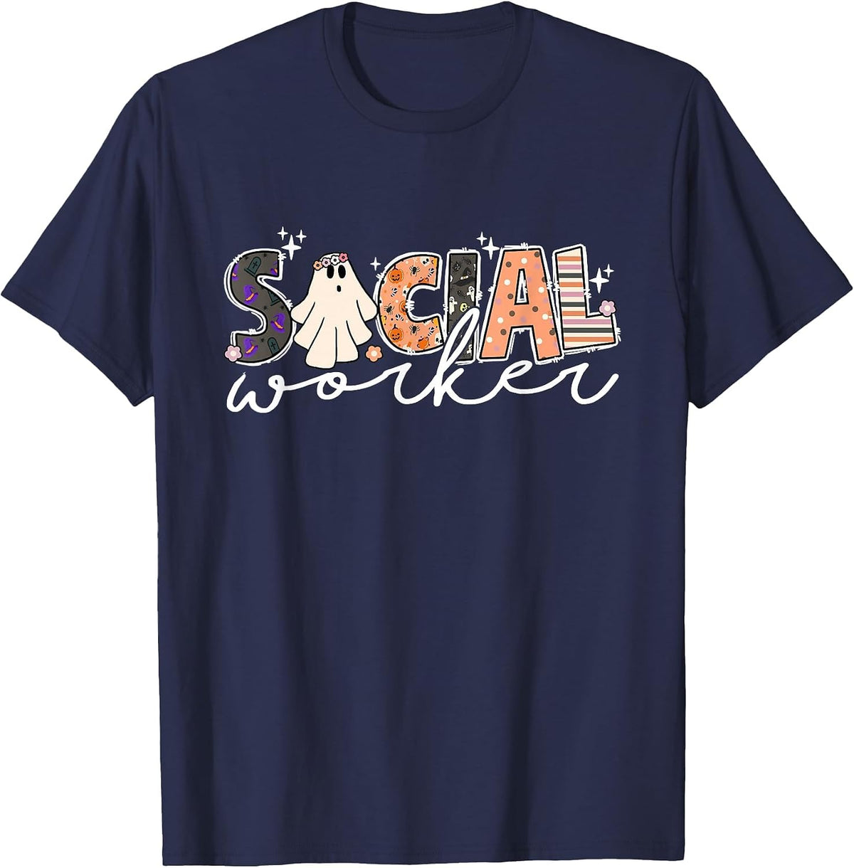 Social Worker Halloween School Social Work Retro Ghost Funny T-Shirt - Navy Blue