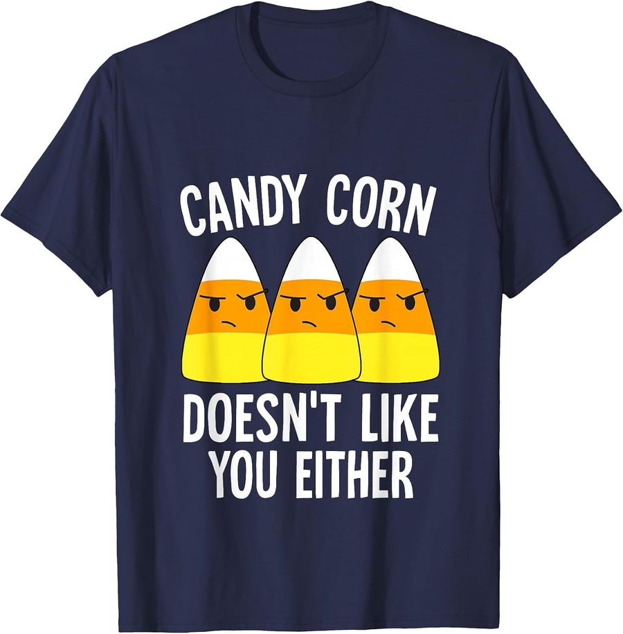Candy Corn Doesn't Like You Either Halloween Candy Corn T-Shirt - Navy Blue