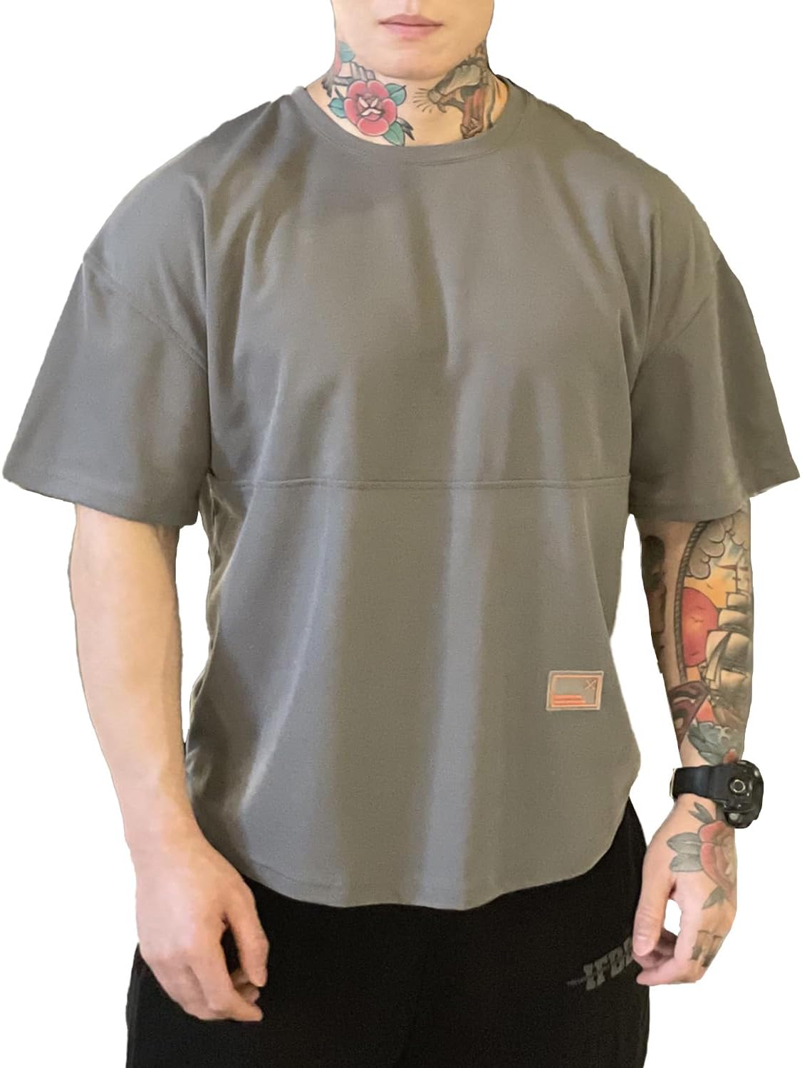 Mens Gym Workout Tshirt,Quick Dry Loose Fit Muscle Shirts,Athletic Short Sleeve Running Fitness Tee - Grey