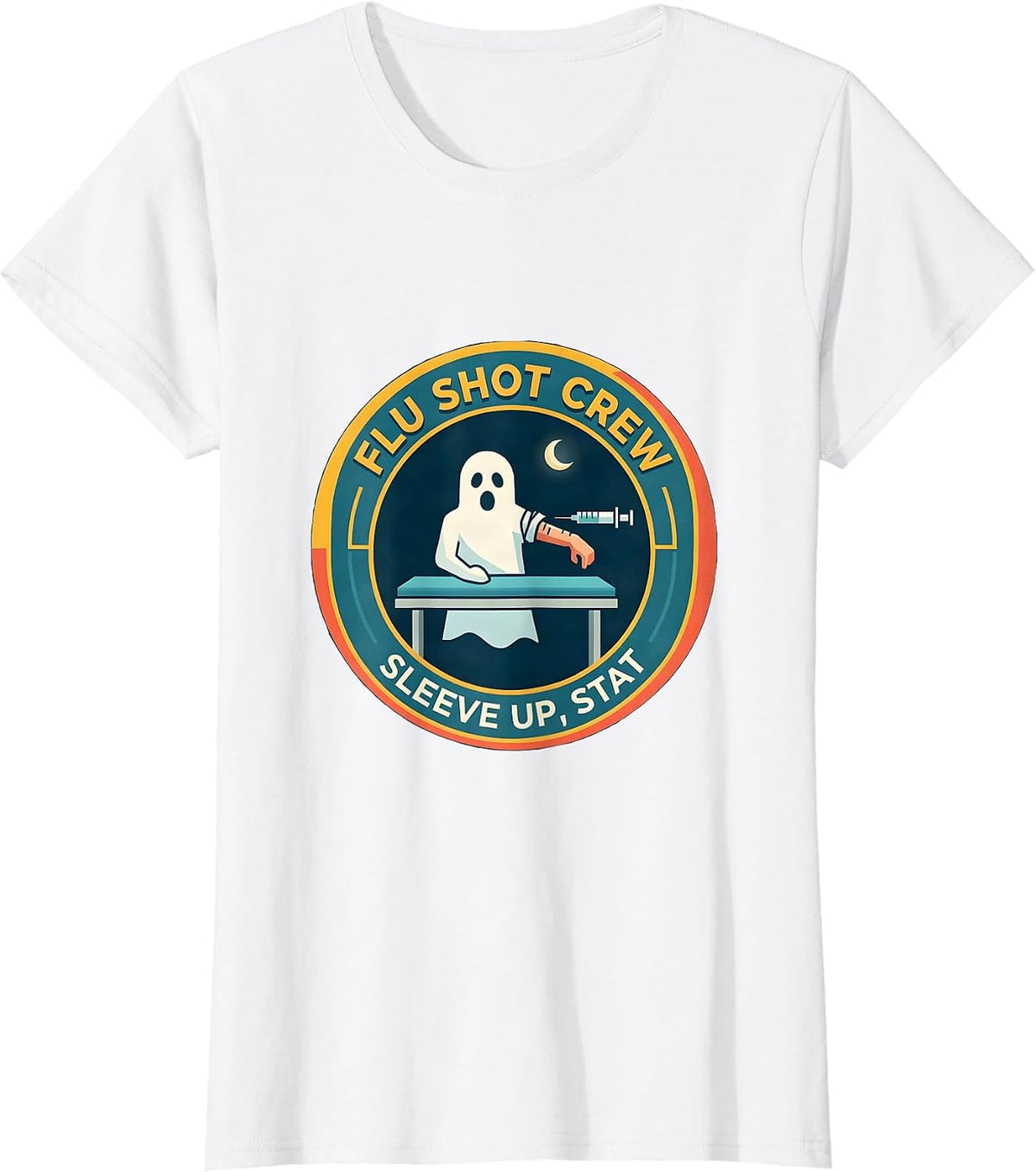 Flu Shot Crew Sleeve Up Stat Funny Halloween Nurse Ghost T-Shirt - White