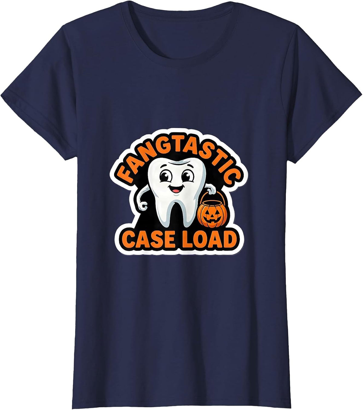 Women's Fangtastic Case Load Funny Dental Hygienist Halloween Humor T-Shirt - Navy Blue
