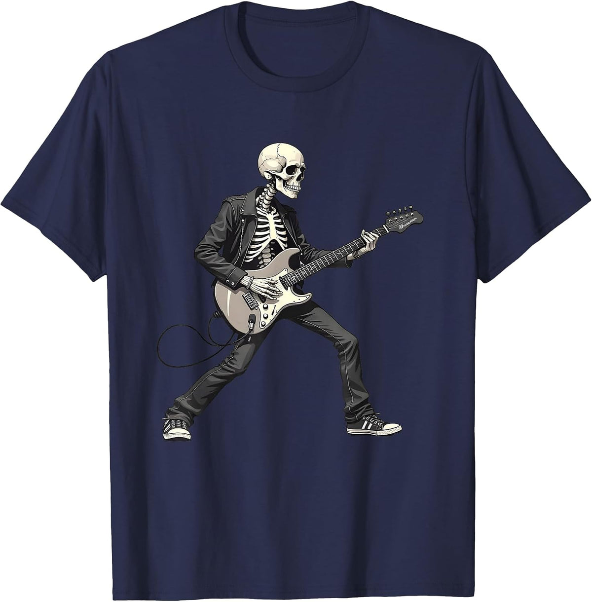 Rock On Skeleton Guitar Player - Spooky Halloween Guitarist T-Shirt - Navy Blue