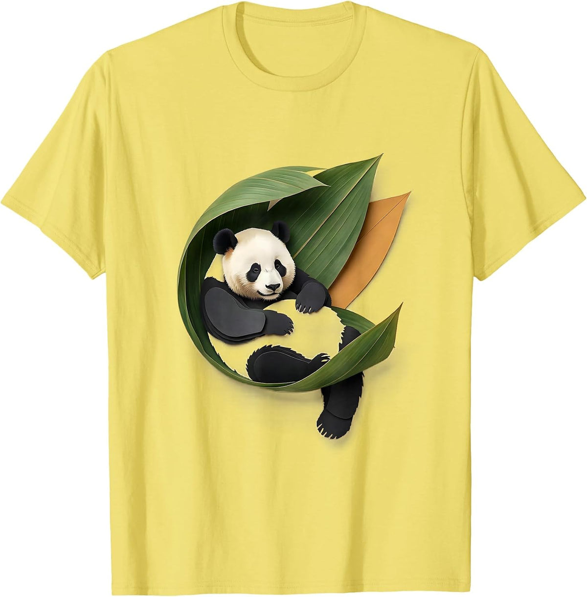 Men's Panda In Bamboo Leaf Paper Cutout Funny Animal Lover T-Shirt - Lemon Yellow