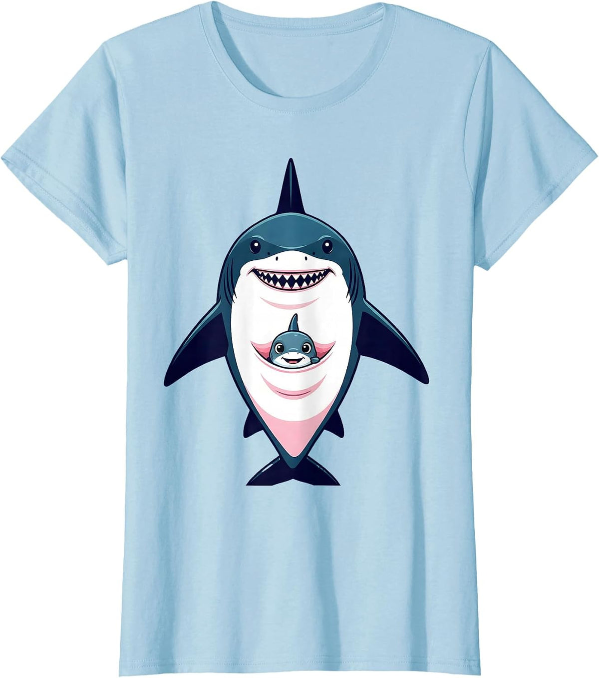 Women's Mommy Shark Kangaroo Pouch Baby Graphic T-Shirt - Baby Blue