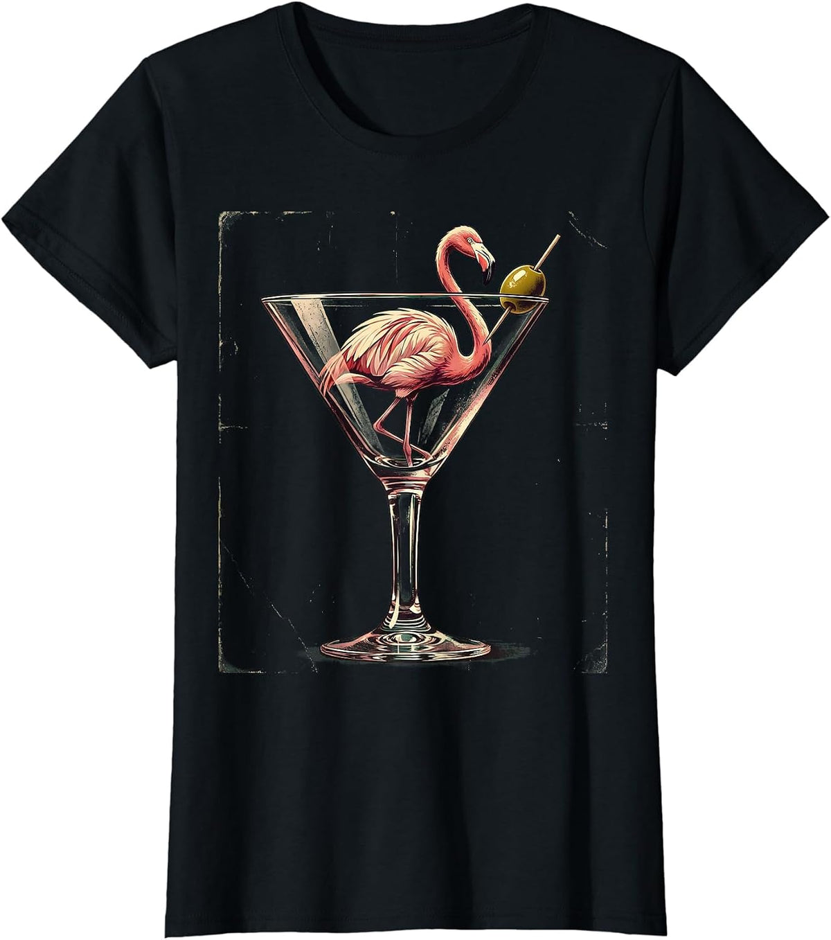 Flamingo in a Martini Glass Graphic Tee T-Shirt - Black