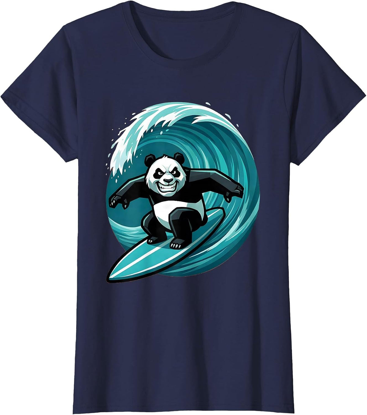 Women's Panda Surfer Riding Giant Ocean Wave T-Shirt - Navy Blue