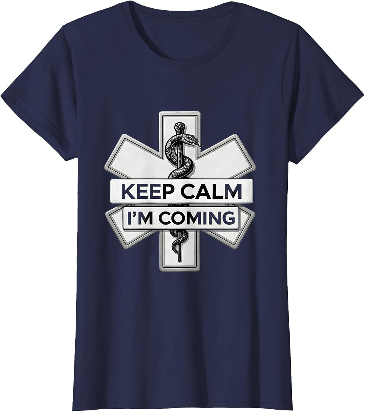 Women's Keep Calm I'm Coming EMT Rescue Design T-Shirt - Navy Blue