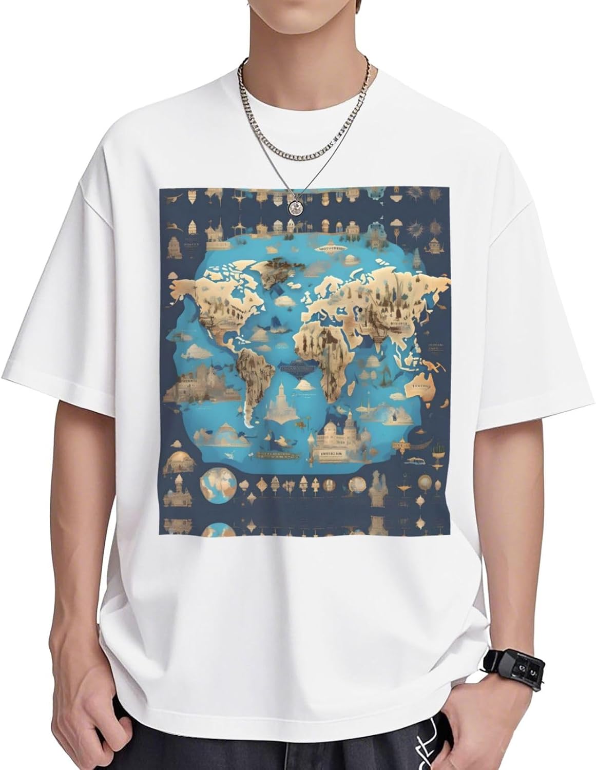 World Geography Map Printing Athletic Men Women Cotton Short Sleeve Tees, S-XL, Summer Fit - As Pictured