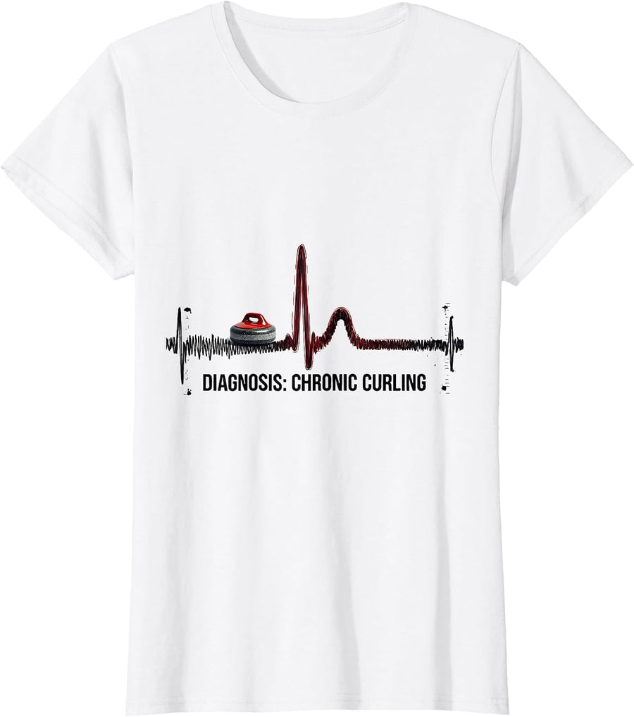 Women's Diagnosis: Chronic Curling Sport EKG Passion Enthusiast Gift T-Shirt - White