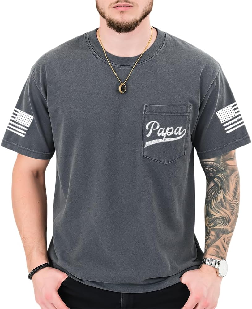 Papa Shirt, Papa Pocket T-Shirt, Papa Flag Shirt, Gift for Papa, Dad, Birthday, Father's Day, Christmas - Papa-dark Heather