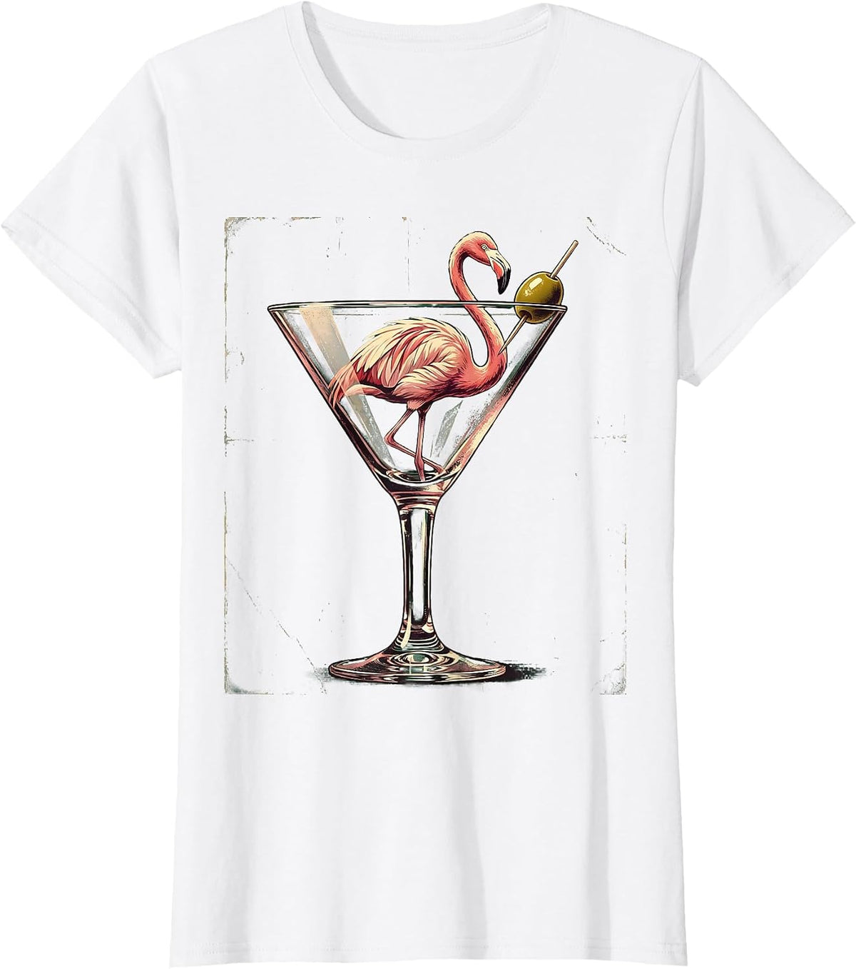 Flamingo in a Martini Glass Graphic Tee T-Shirt - White