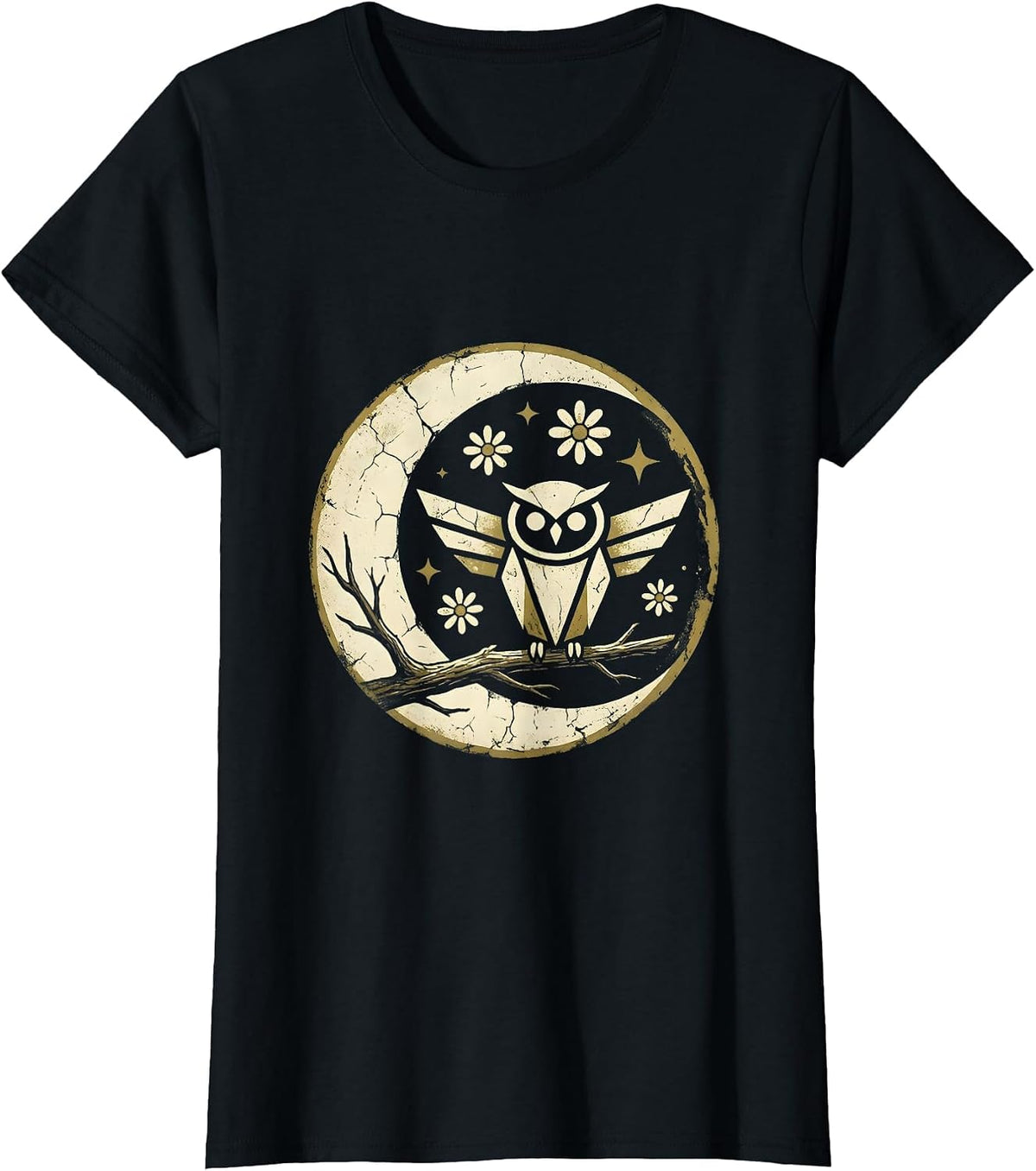Women's Halloween Owl on Twisted Branch Illustration T-Shirt - Black