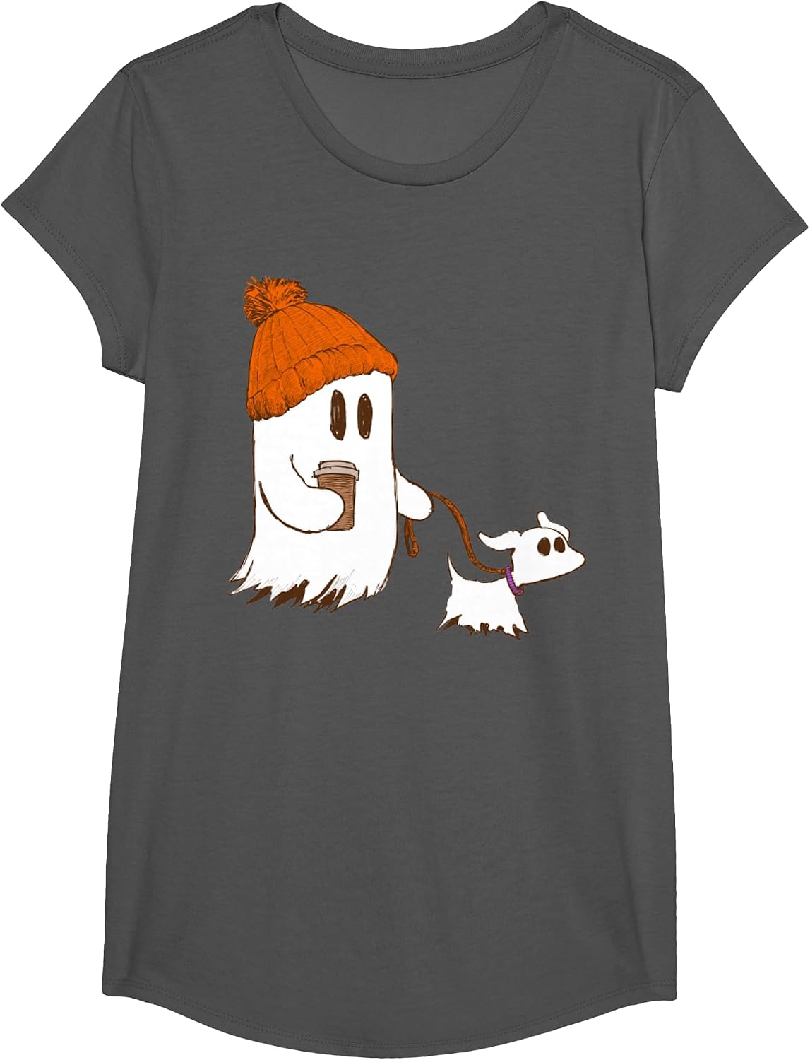 Cute Ghost Dog Walker Funny Halloween Dog Lover Graphic tee T-Shirt - Girls Asphalt Grey
