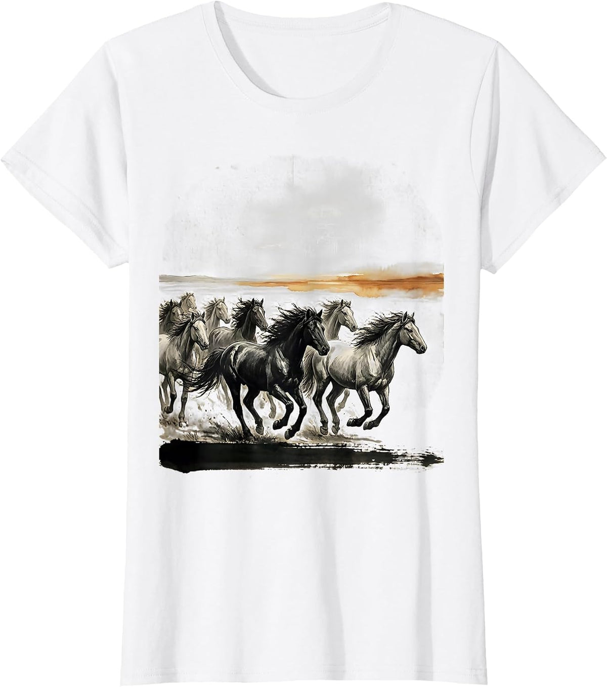 Women's Wild Horse Herd Sunset Horizon Graphic T-Shirt - White