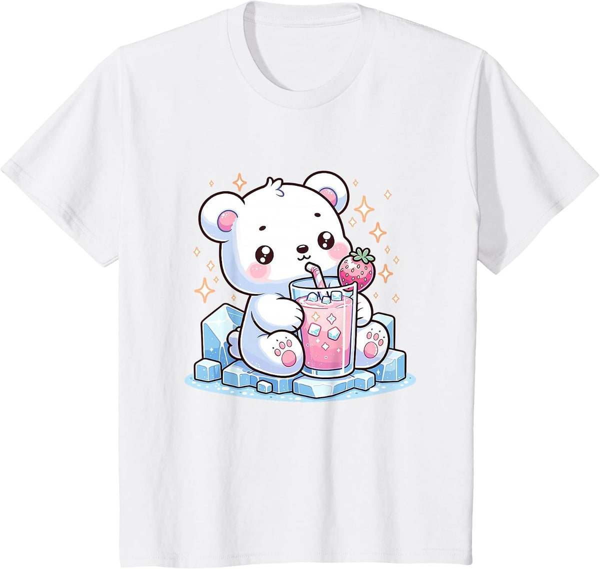 Cute Kawaii Style Polar Bear Drinking Strawberry Milk T-Shirt - White