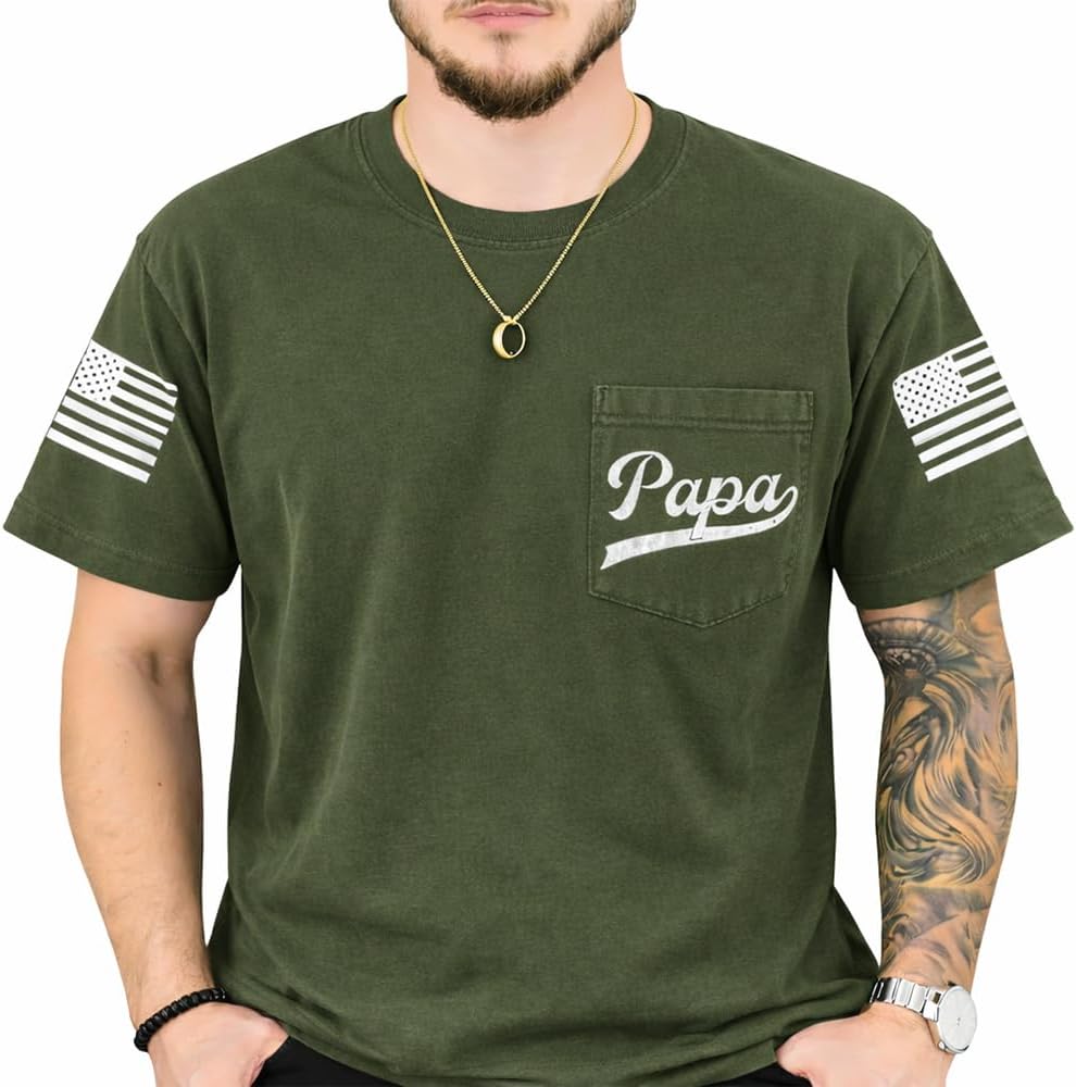 Papa Shirt, Papa Pocket T-Shirt, Papa Flag Shirt, Gift for Papa, Dad, Birthday, Father's Day, Christmas - Papa-military Green